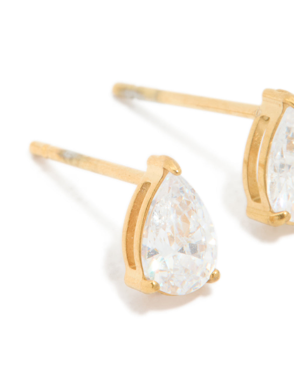 Featuring 6mm pear prism stud earrings in gold plated surgical steel with stud closure close up view