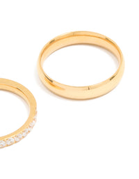 Waterproof Gold Plated Stainless Steel Diamante & Smooth Rings 2- Pack - link has visual effect only