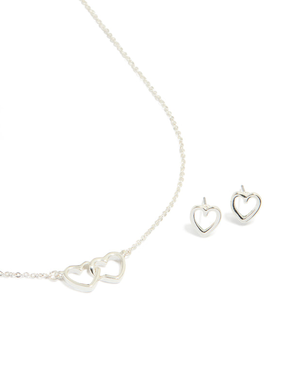 Silver Plated Double Heart Necklace & Earrings Set