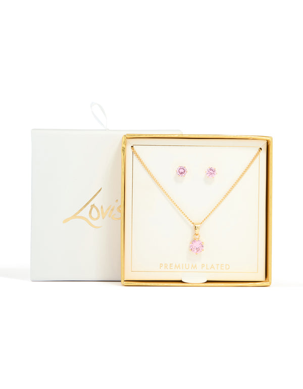Gold Plated Pink Cubic Zirconia Pendant Necklace & Earrings Set