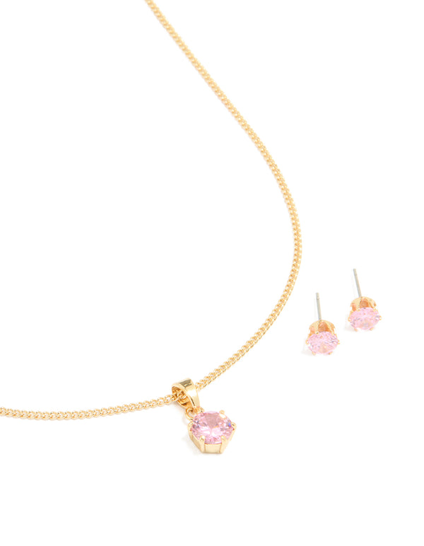 Gold Plated Pink Cubic Zirconia Pendant Necklace & Earrings Set