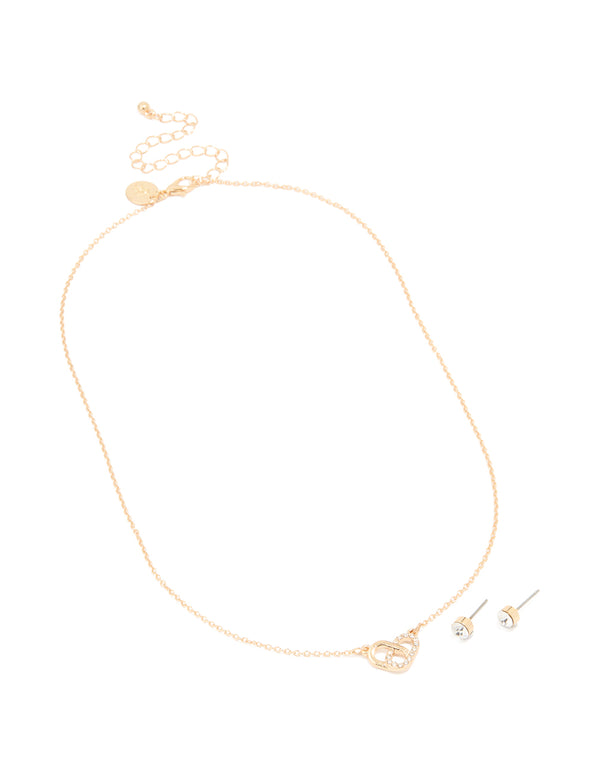 Gold Overlapping Heart Necklace & Diamante Earrings Set