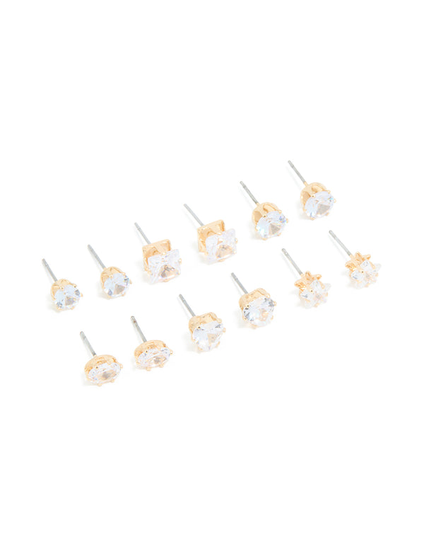 Gold Cubic Zirconia Stud Earrings 6-Pack