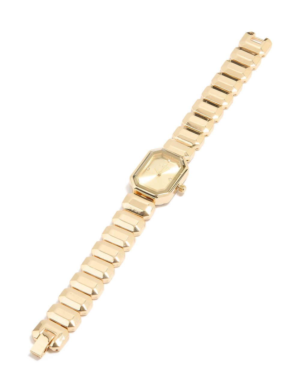 Elegant women's watch with gold dial, rectangle shape, and formal analog design in gold, featuring a link band strap, front view