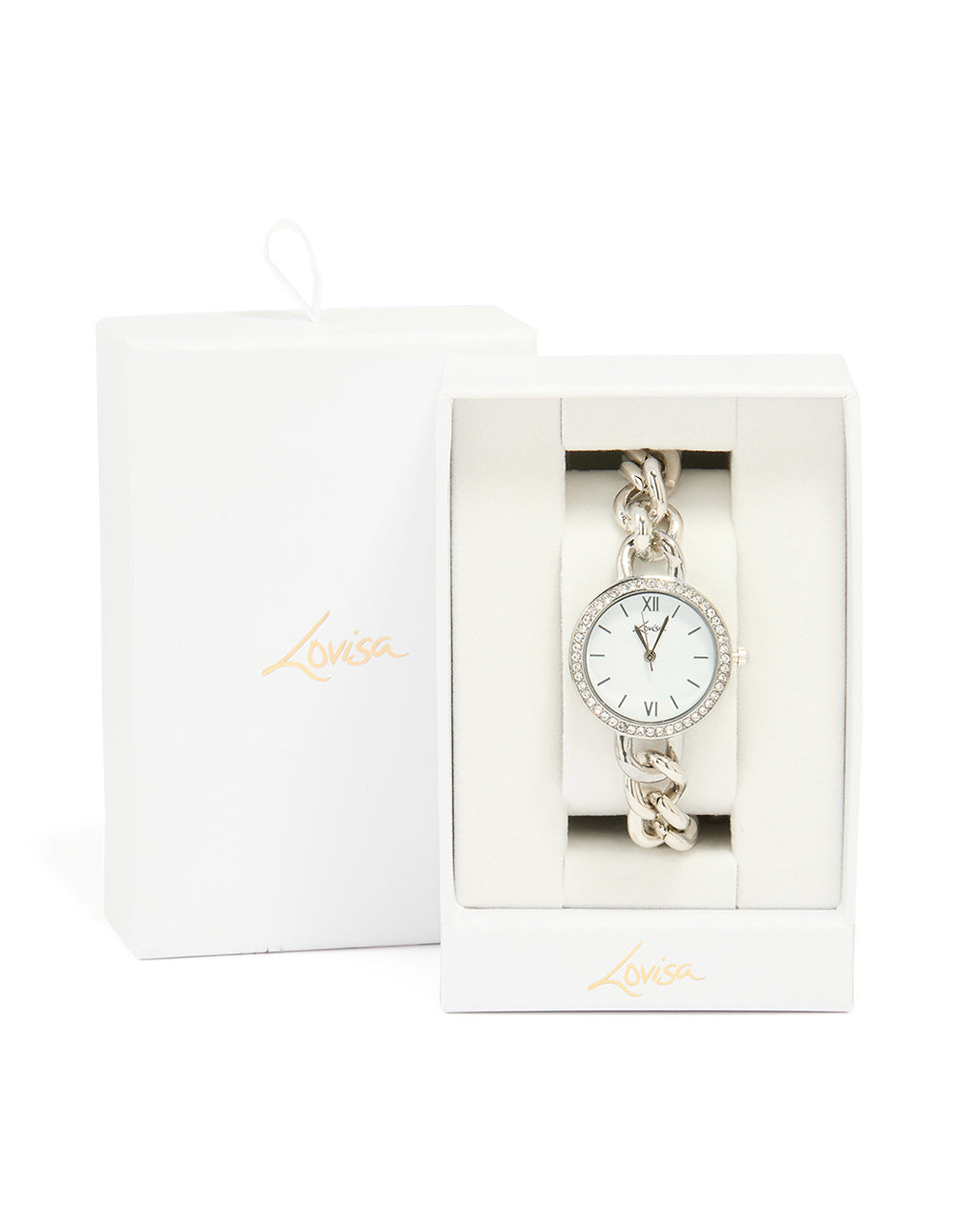 Stylish women's watch with white dial, roman numerals, round face, formal occasion appeal, analog movement, link band strap in silver case detail view