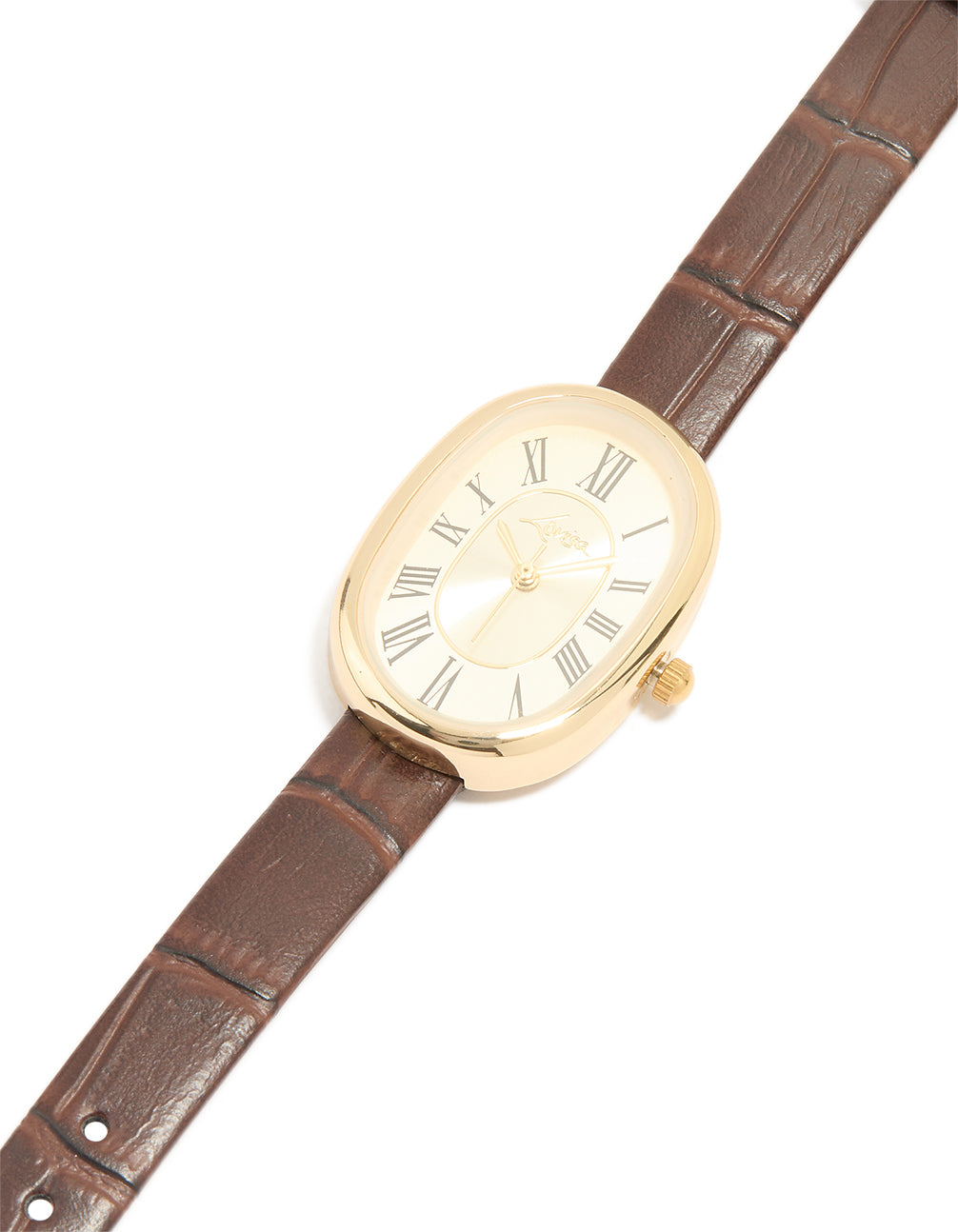 Discover this women's vintage watch featuring a gold tone dial, roman numerals, formal occasion styling, analog display, leather strap in brown crafted from PU leather watch face detail view