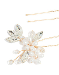 Gold Pearl Diamante Floral Hair Pins 2-Pack - link has visual effect only