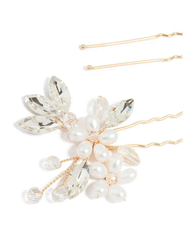 Gold Pearl Diamante Floral Hair Pins 2-Pack