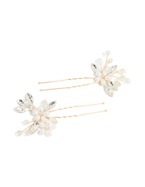 Gold Pearl Diamante Floral Hair Pins 2-Pack