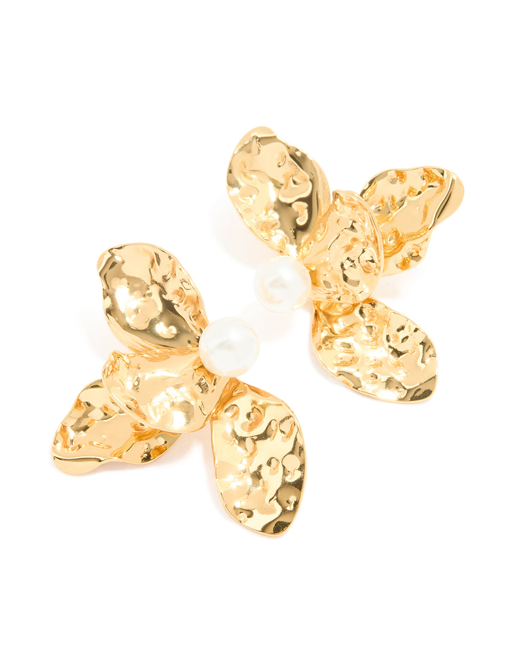 Showcasing waterproof large statement floral stud earrings with pearl centers, crafted from gold plated stainless steel in gold and white front view