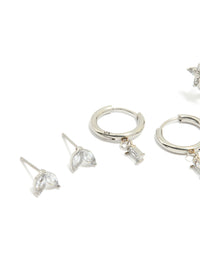 Waterproof Stainless Steel Cubic Zirconia & Baguette Flower Huggie Earrings 4-Pack - link has visual effect only