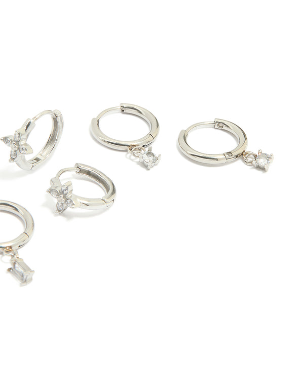 Waterproof Stainless Steel Cubic Zirconia & Baguette Flower Huggie Earrings 4-Pack