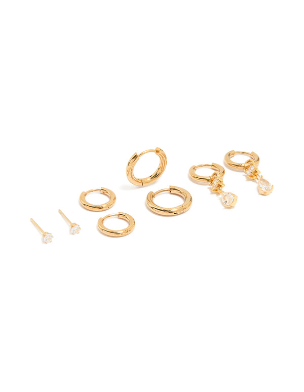 Waterproof Gold Plated Stainless Steel Cubic Zirconia Stud Earrings 4-Pack