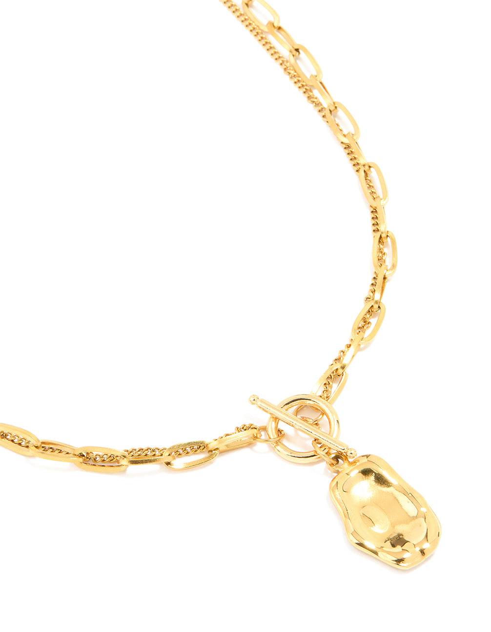 Showcasing waterproof gold plated stainless steel molten pendant layered necklace close up view