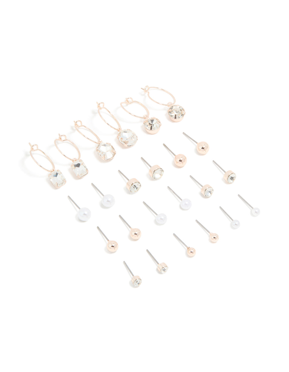 Rose Gold Diamante Pearl Ball Hoop & Stud Earrings 12-Pack