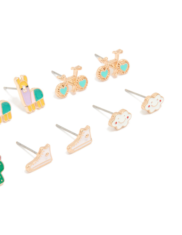 Gold Flower & Bike Stud Earrings 8-Pack
