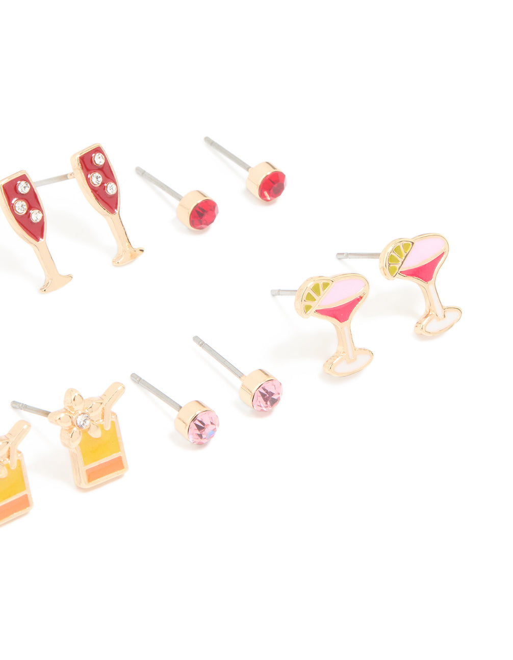 Gold Drinks & Diamante Stud Earrings 8-Pack