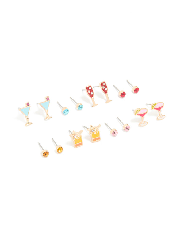 Gold Drinks & Diamante Stud Earrings 8-Pack