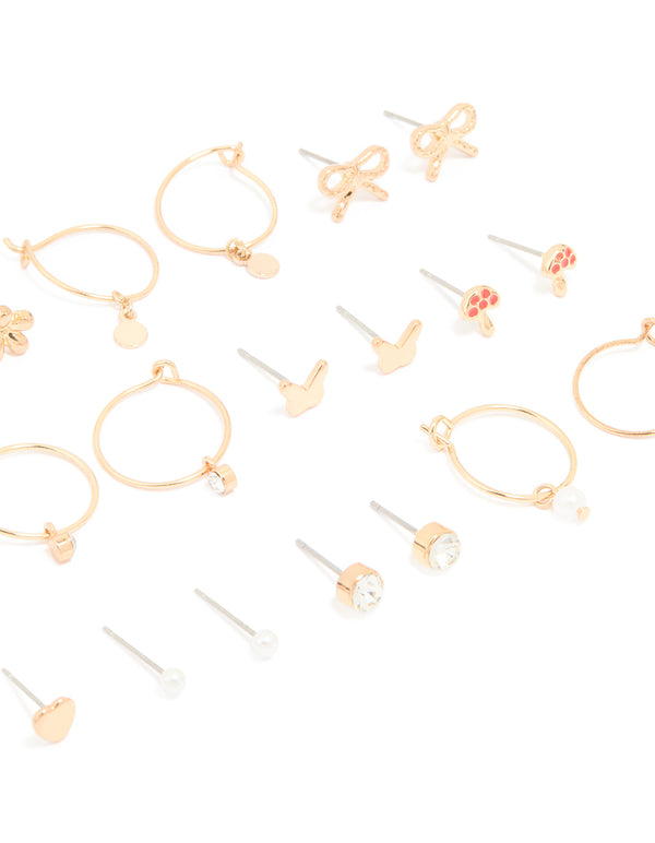Gold Mushroom & Bow Stud Earrings 12-Pack