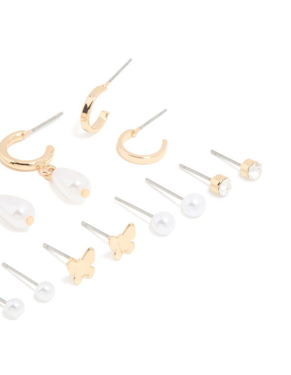 Gold Pearl & Butterfly Earrings 8-Pack