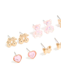Gold Rose & Pink Teddy Mixed Stud Earrings 8-Pack - link has visual effect only