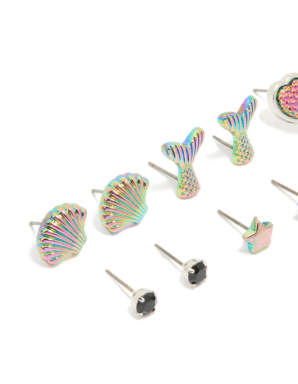 Kids Black Diamante & Mermaid Stud Earrings 6-Pack