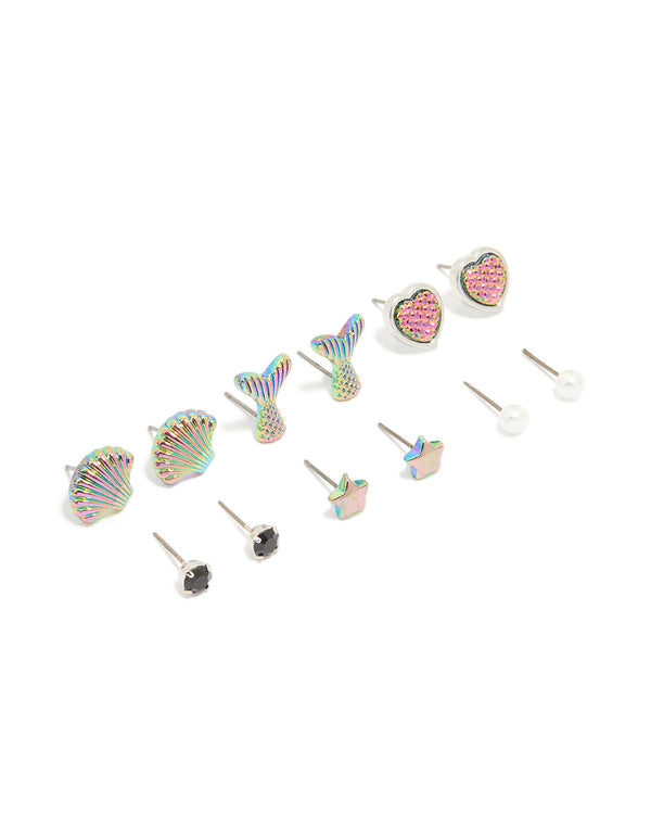 Kids Black Diamante & Mermaid Stud Earrings 6-Pack