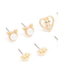 Kids Gold Cat Paw & Cat Design Stud Earrings 6-Pack - link has visual effect only