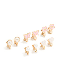 Kids Gold Pearl & Butterfly Clip On Earrings 5-Pack - link has visual effect only