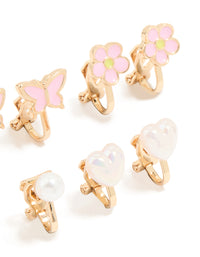Kids Gold Pearl & Butterfly Clip On Earrings 5-Pack - link has visual effect only