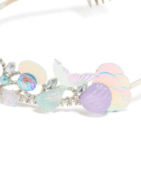 Designed with a kids metallic tiara headband featuring glitter ocean shell accents and clear stones in silver lavender aqua pink detail view - link has visual effect only