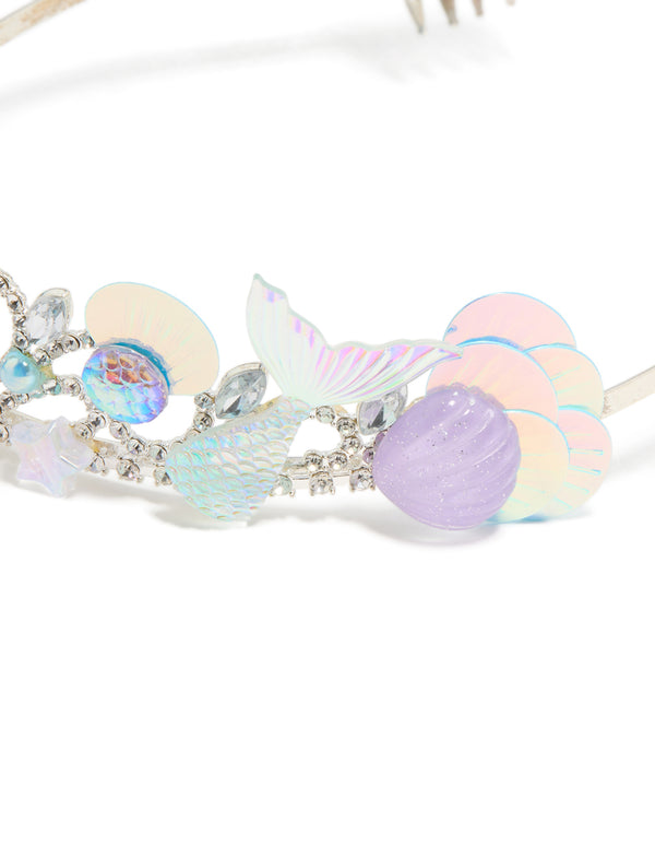 Designed with a kids metallic tiara headband featuring glitter ocean shell accents and clear stones in silver lavender aqua pink detail view