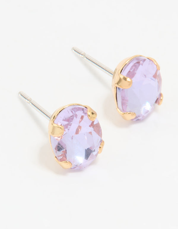 Gold Purple Diamante Oval Stud Earrings