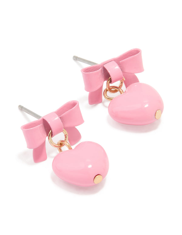 Gold Coated Metal Bow & Heart Drop Stud Earrings