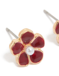 Gold Red Pearl Center Flower Stud Earrings - link has visual effect only