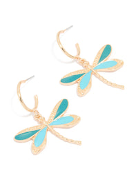 Gold Blue Dragonfly Hoop Earrings - link has visual effect only