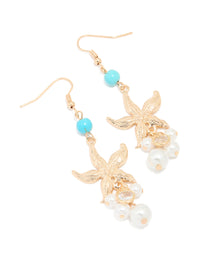 Gold Starfish Pearl Blue Diamante Earrings - link has visual effect only