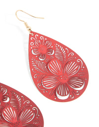 Gold Red 3D Filigree Flower Drop Earrings - link has visual effect only