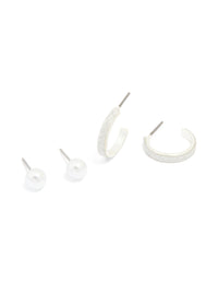 Silver Pearl Studs & Glitter Hoop Earrings 2-Pack - link has visual effect only