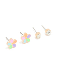 Gold Diamante & Multicoloured Flower Stud Earrings 2-Pack - link has visual effect only