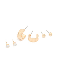 Gold Diamante Ribbon Hoop & Stud Earrings 3-Pack - link has visual effect only