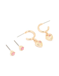 Gold Pink Diamante Heart Huggie & Stud Earrings 2-Pack - link has visual effect only