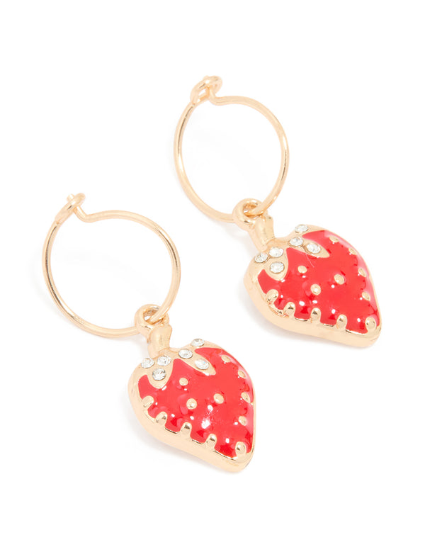 Gold Strawberry Huggie Drop Earrings
