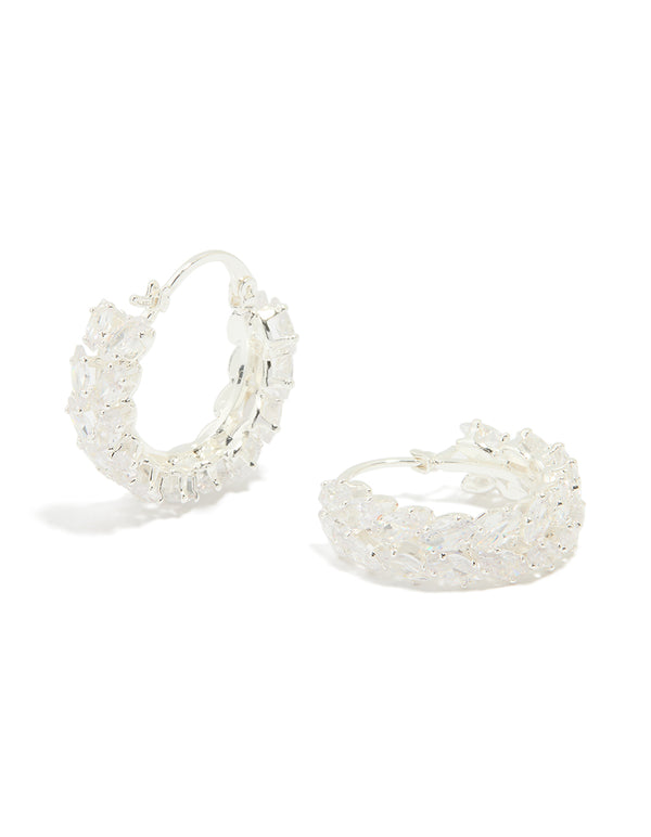 Silver Plated Cubic Zirconia Marquise Herringbone Hoop Earrings