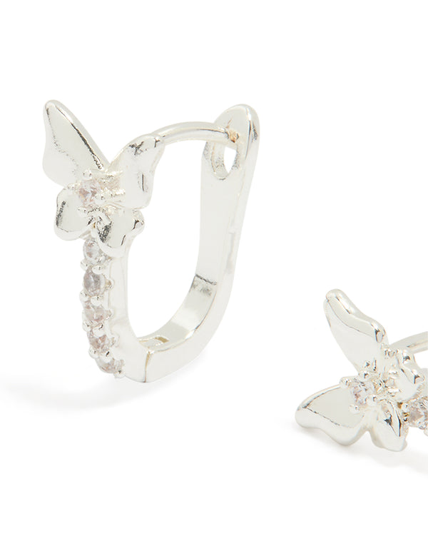 Silver Plated Cubic Zirconia Mini Butterfly Huggie Earrings
