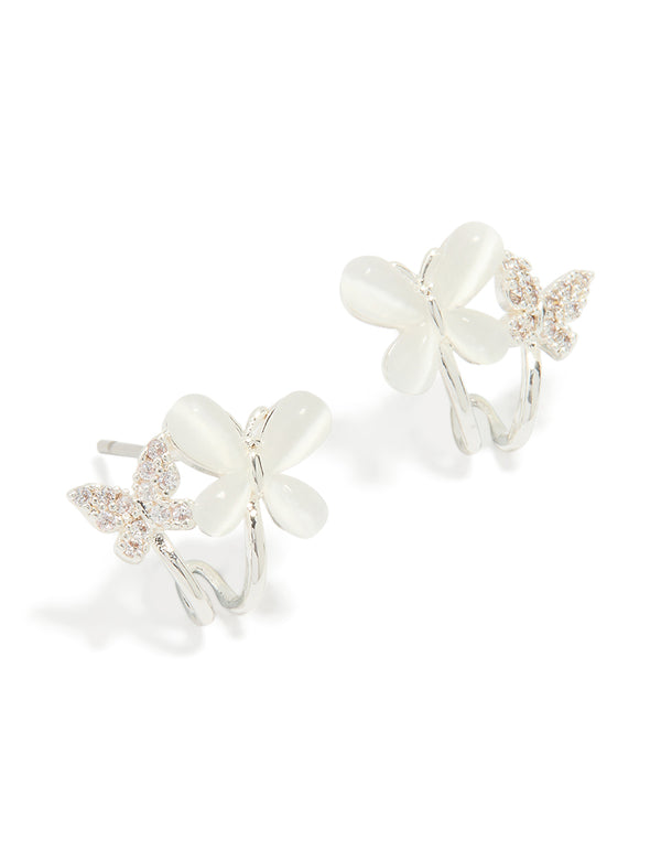 Silver Plated Cubic Zirconia Double Butterfly Mini Hoop Earrings