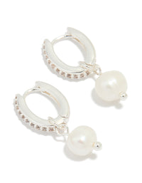 Silver Plated Pearl Cubic Zirconia Pave Drop Hoop Earrings - link has visual effect only