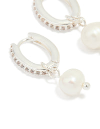 Silver Plated Pearl Cubic Zirconia Pave Drop Hoop Earrings - link has visual effect only