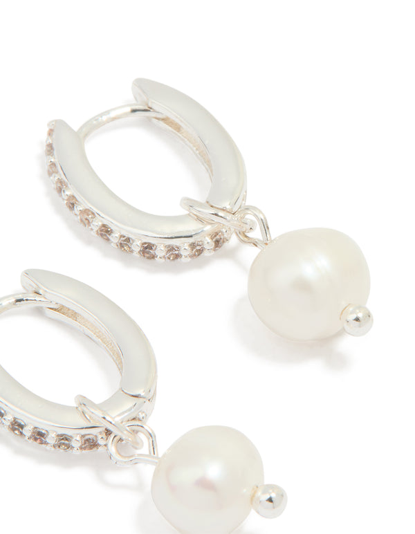 Silver Plated Pearl Cubic Zirconia Pave Drop Hoop Earrings