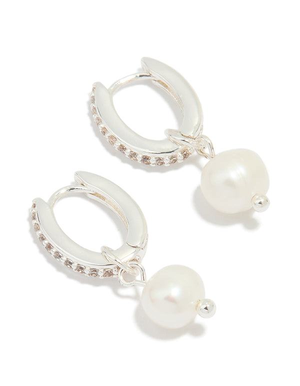 Silver Plated Pearl Cubic Zirconia Pave Drop Hoop Earrings